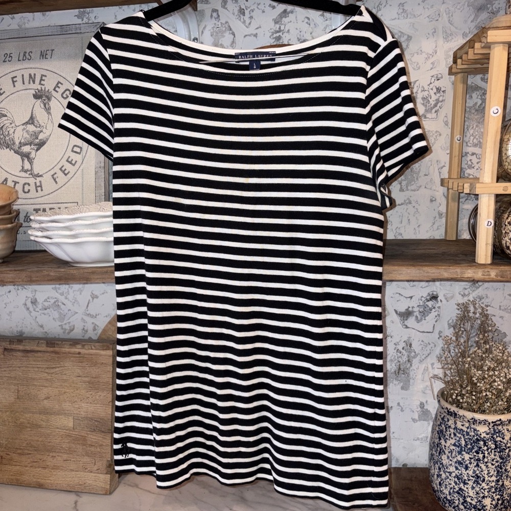 Ralph Lauren Women's L Long Scoop Neck Basic Striped T Shirt Cotton Blend